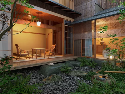 Traditional Japanese Garden Landscape Featuring Wooden Structure Stone Pathway Water Feature And Greenery 3d model