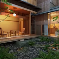 Traditional Japanese Garden Landscape Featuring Wooden Structure Stone Pathway Water Feature And Greenery