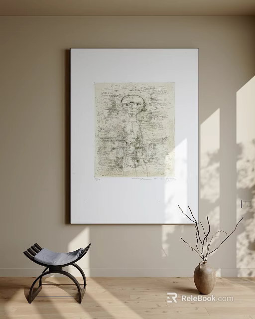 Abstract Painting Featuring Figurative Lines On Neutral Beige Wall With Soft Light Shadows 3d model