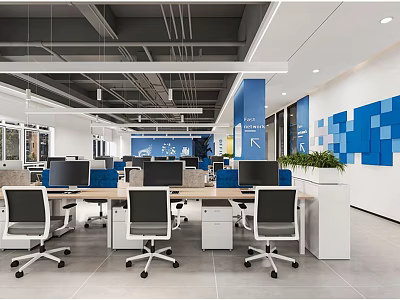 Modern Public Office Space Interior With Open Layout Desks Computers And Blue Wall Decorations 3d model