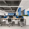 Modern Public Office Space Interior With Open Layout Desks Computers And Blue Wall Decorations 3d model