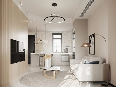Modern Apartment Living Room Interior With Sofa Coffee Table Pendant Lights And Natural Light 3d model