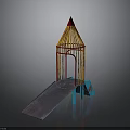 Pencil Shaped Playground Building With Red Pointed Top Yellow Frame And Blue Slide