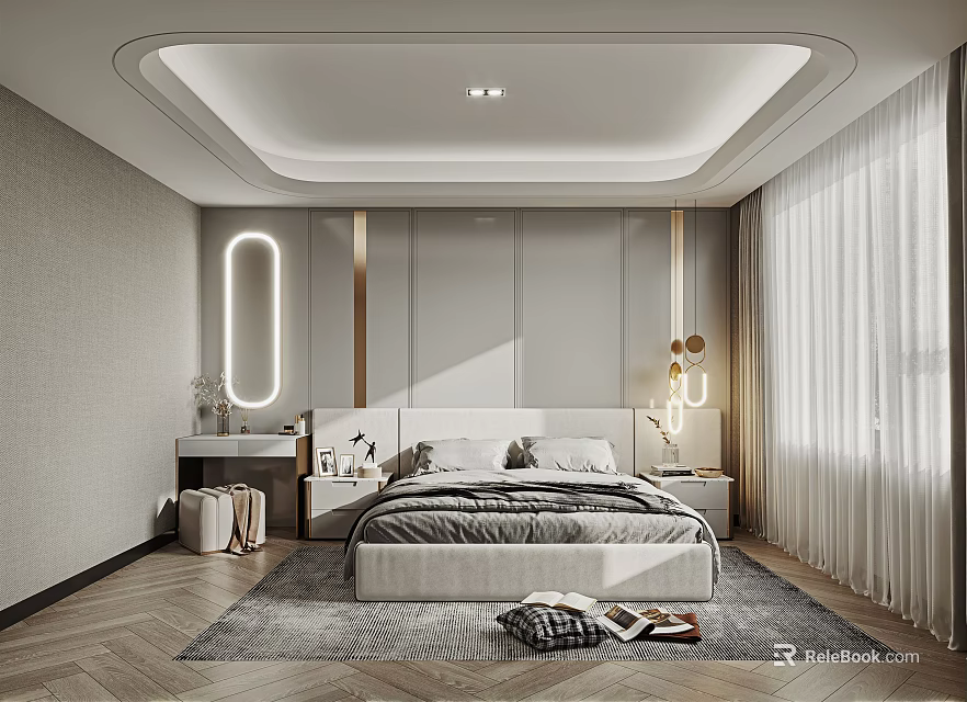 Modern Bedroom Interior With Herringbone Wooden Floor White Curtains And Oval Mirror Dressing Table 3d model 