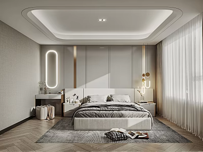 Modern Bedroom Interior With Herringbone Wooden Floor White Curtains And Oval Mirror Dressing Table 3d model
