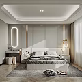 Modern Bedroom Interior With Herringbone Wooden Floor White Curtains And Oval Mirror Dressing Table