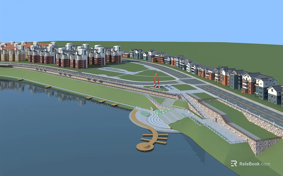 Waterfront Garden Landscape Design with Residential Buildings Green Lawn and Sculpture Pathway 3d model 