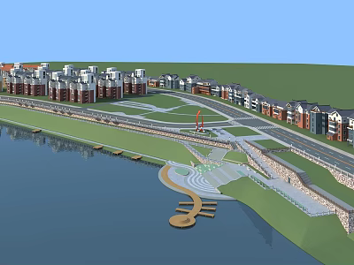 Waterfront Garden Landscape Design with Residential Buildings Green Lawn and Sculpture Pathway 3d model