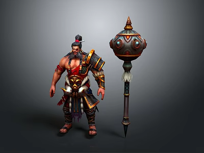 A Muscular Man In Ornate Warrior Armor Holding Large Decorative Spiked Weapon 3d model