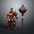 A Muscular Man In Ornate Warrior Armor Holding Large Decorative Spiked Weapon