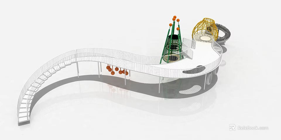 Modern Playground Equipment Featuring Curved Walkway Green Tower Yellow Mesh Dome and Orange Balls 3d model 