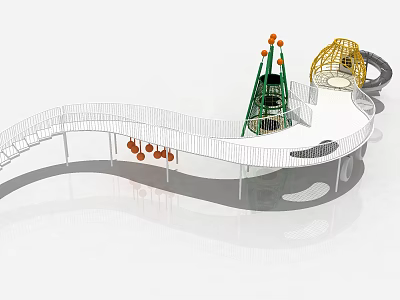 Modern Playground Equipment Featuring Curved Walkway Green Tower Yellow Mesh Dome and Orange Balls 3d model