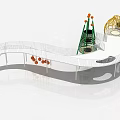 Modern Playground Equipment Featuring Curved Walkway Green Tower Yellow Mesh Dome and Orange Balls