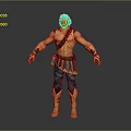 Muscular Warrior Character With Yellow Armor Blue Pants And Green Pouch