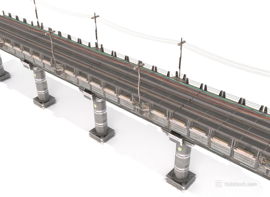 Modern Railway Bridge Structure With Reinforced Concrete Pillars Rail Tracks And Electric Wires 3d model 