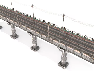 Modern Railway Bridge Structure With Reinforced Concrete Pillars Rail Tracks And Electric Wires 3d model