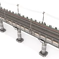 Modern Railway Bridge Structure With Reinforced Concrete Pillars Rail Tracks And Electric Wires