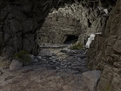 Natural Cave Interior With Rough Rock Walls And Scattered Gravel On Stone Floor 3d model