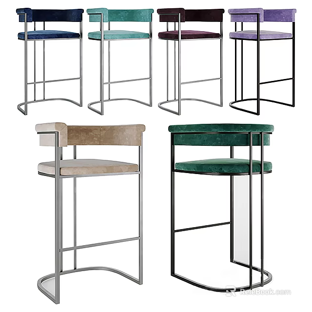 Modern Stylish Bar Stools With Metal Frame And Velvet Seat Design 3d model 