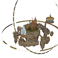 Cartoon Scene of Enchanted Castle with Spires Towers Hilltop Fountain Platform and Bridge