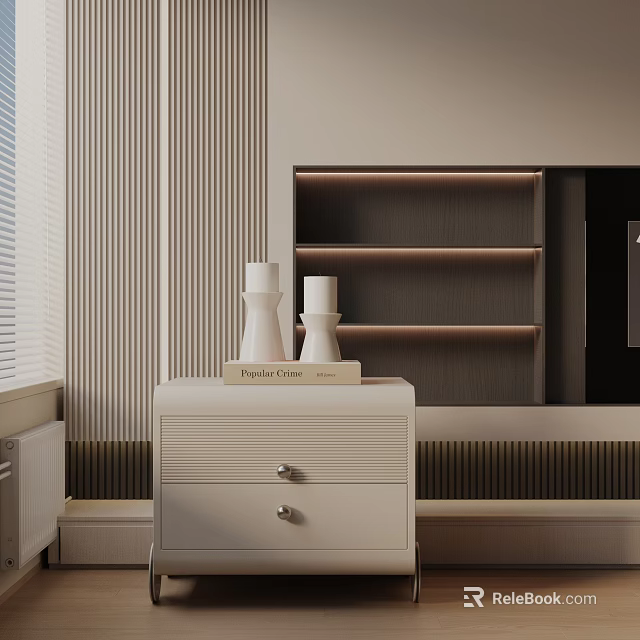 Modern White Side Table With White Vases And Book Near Striped Wall And Shelves 3d model 