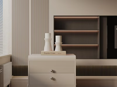 Modern White Side Table With White Vases And Book Near Striped Wall And Shelves 3d model
