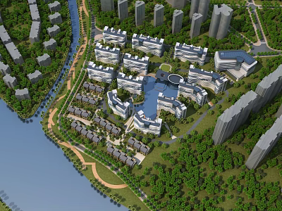 Aerial View Planning of Modern Residential Area with River Green Spaces and Roads 3d model