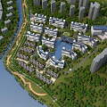 Aerial View Planning of Modern Residential Area with River Green Spaces and Roads