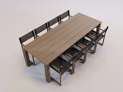 Modern Long Wooden Dining Table With Black Backed Chairs For Home Dining Area 3d model