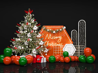 Christmas Tree With Decorations Merry Christmas Sign Balloons And Gift Boxes 3d model