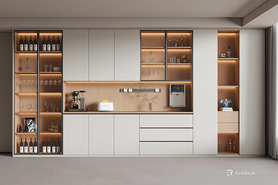 Elegant Modern Wine Cabinet Design With Glass Doors And Wooden Panels In Kitchen 3d model 
