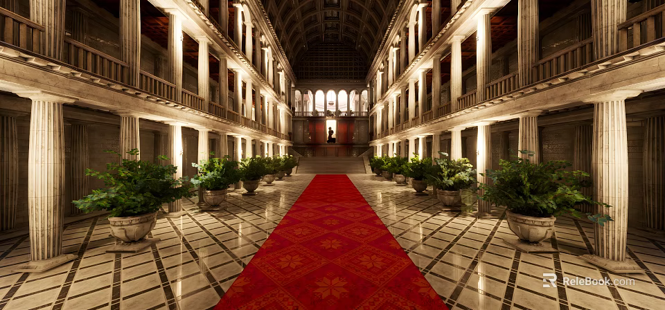 Grand Architectural Interior With Red Carpet Columns Symmetric Plants And High Ceiling 3d model 