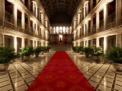 Grand Architectural Interior With Red Carpet Columns Symmetric Plants And High Ceiling 3d model
