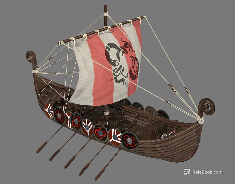 Viking Style Wooden Ship With Red And White Sail Black Pattern Oars And Shields 3d model 