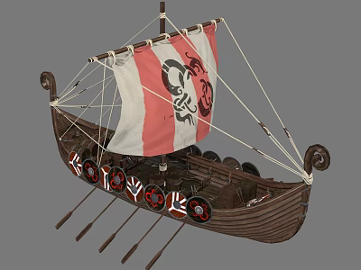 Viking Style Wooden Ship With Red And White Sail Black Pattern Oars And Shields 3d model