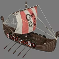 Viking Style Wooden Ship With Red And White Sail Black Pattern Oars And Shields