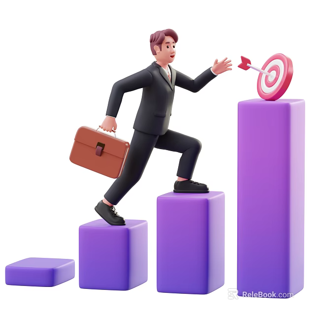 Man In Business Suit Climbing Purple Steps With Brown Briefcase Towards Red Target And Arrow 3d model 