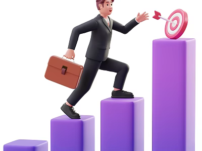 Man In Business Suit Climbing Purple Steps With Brown Briefcase Towards Red Target And Arrow 3d model