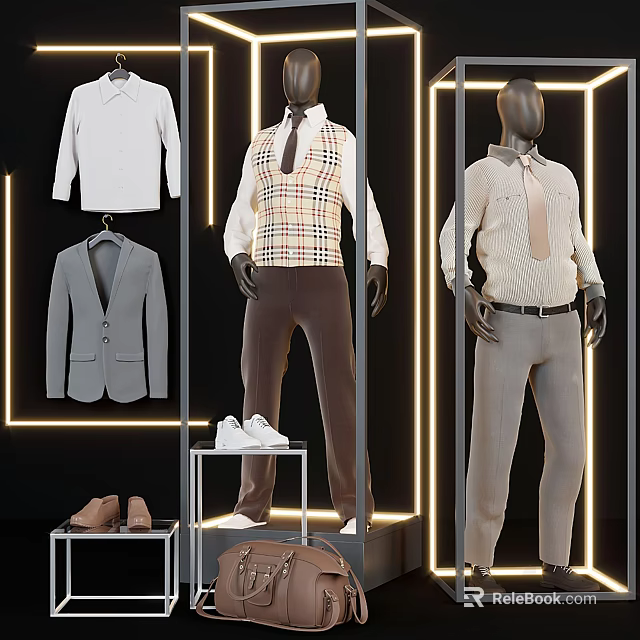 Fashion Mannequins Wearing Stylish Outfits With Displayed Sweater Suit Shoes And Bag In Illuminated Showcase 3d model 