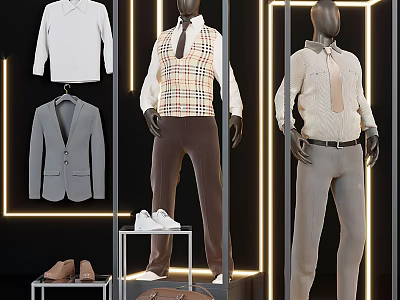 Fashion Mannequins Wearing Stylish Outfits With Displayed Sweater Suit Shoes And Bag In Illuminated Showcase 3d model