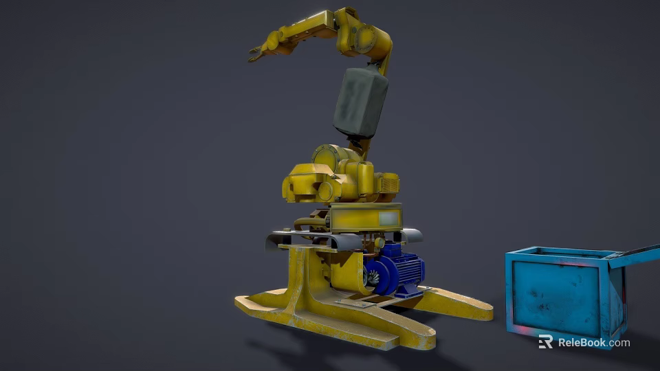 Yellow Industrial Robotic Arm Mechanical Equipment With Base And Blue Container 3d model 