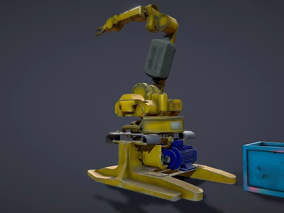 Yellow Industrial Robotic Arm Mechanical Equipment With Base And Blue Container 3d model