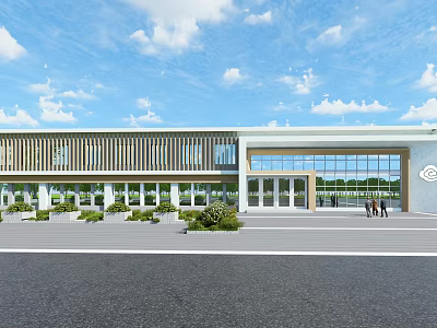 Modern Office Building With Wooden Striped Facade Large Glass Windows Main Entrance Landscaped Front Area 3d model
