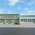 Modern Office Building With Wooden Striped Facade Large Glass Windows Main Entrance Landscaped Front Area