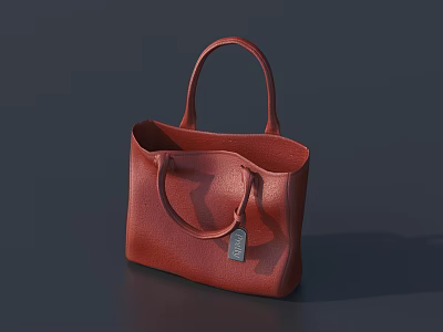 Fashionable Red Leather Handbag Featuring Textured Surface Top Handles And Tag 3d model