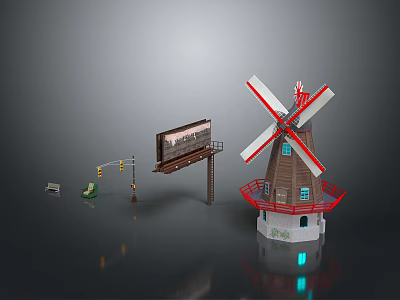 Red White Bladed Windmill With Billboard Traffic Light And Bench As Scenic Components 3d model
