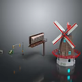 Red White Bladed Windmill With Billboard Traffic Light And Bench As Scenic Components