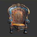 Colorful Ornate Chair With Intricate Carvings And Vintage Design Details