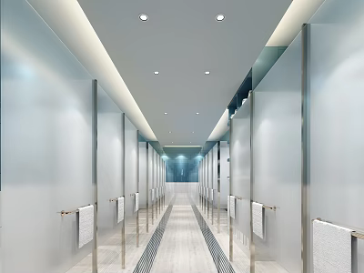 Modern Public Restroom Interior With White Glass Partitions Silver Handrails And Clean Bright Tile Flooring 3d model