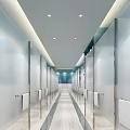 Modern Public Restroom Interior With White Glass Partitions Silver Handrails And Clean Bright Tile Flooring